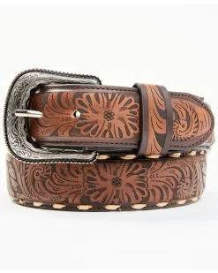 Cody James Men's Lasered Floral Pattern Cream Lace Leather Belt