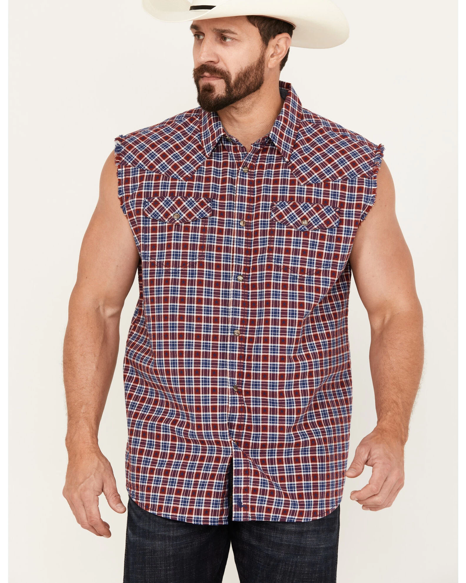 Cody James Men's Plaid Stars Bubba Sleeveless Western Shirt